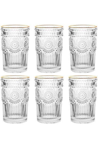 HALAYAYA مجموعة من 6 أكواب زجاجية عتيقة سعة 360 مل، تصميم أنيق ومتين