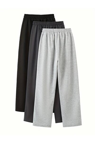 SURMARİ Set of 3 3 Pcs Black Anthracite Gray Unisex Regular Wide Pipe Leg Sweatpants