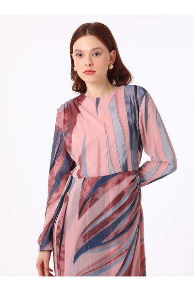 Refka Ροζ Ζέβρα Μοτίβο Μουσουλμανικό Φόρεμα με Λεπτομέρεια Ντραπέ - Refka