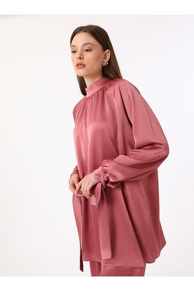 Refka Satin Binding Detailed Tunic&Pants Double Set - Dark Rose - Refka