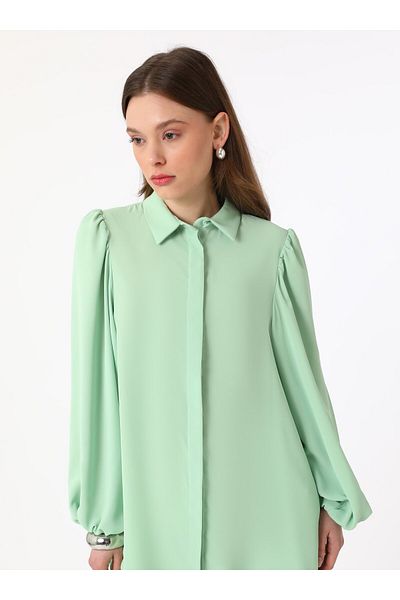 Refka Silk Textured Tunik with Volume Sleeve Detail - Mint Green - Refka
