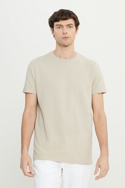 ALTINYILDIZ CLASSICS Ανδρικό μπλουζάκι από βαμβακερό μπεζ Slim Fit Slim Fit Crew Neck Stretchy T-shirt