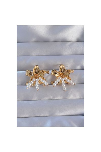 Skygo 316L Steel Gold Color Flower Model Earrings with Pearl Accessories - Tj-Bkp9108