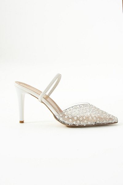 Gökçe Shoes Evan White Transparent Pearl Detailed Women's Heeled Shoes