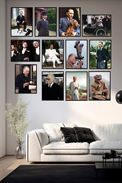 Tasarım Depom 12 Adet Atatürk Resimli Çerçeve Görünümlü MDF Tablo Seti