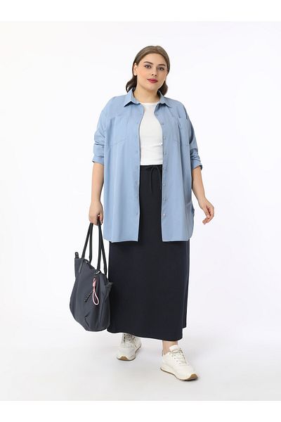 ALİA Large Size Elastic Waist Knitted Skirt - Navy Blue - Alia