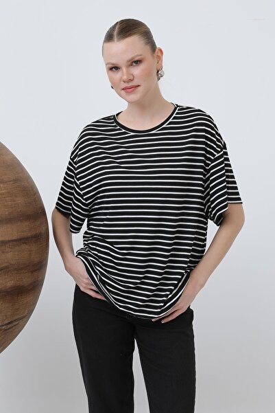 Loreen Γυναικείο μπλουζάκι με ριγέ λαιμόκοψη - 20641TSH - BLACK-ECRU