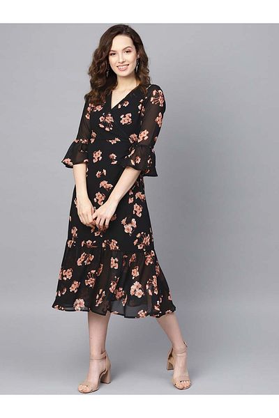 Sassafras By Styli Floral Print Wrap Tie Detail Midi Dress