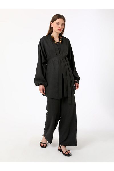 Benin Kimono&Pants Double Set with Belt Detail - Black - Benin