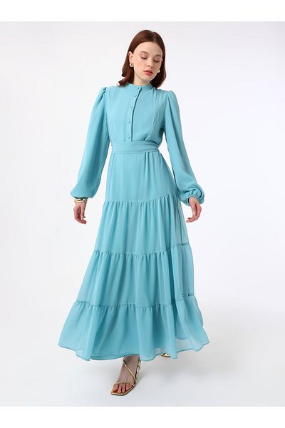 Refka Brit Buttoned Ribbed Detailed Hijab Dress - Nile Green -