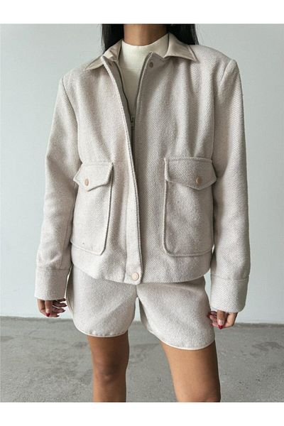 Moka Shopin Mokashopin Hook and Loop Zippered Jacket Short - Stone