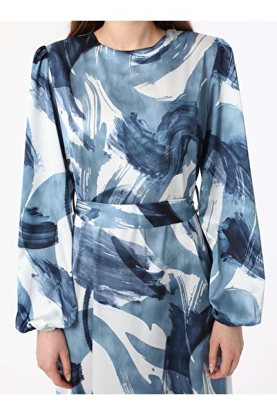 Refka Rochie Hijab din Satin cu Motiv Abstract Albastru - Refka