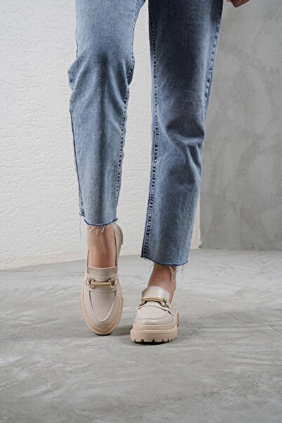 Beyond Kadın Bej Deri Bantlı Gc Kalın Taban Loafer Makosen Ayakkabı 4,5cm Byndlfrk02
