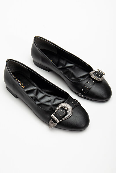 DENORA Siyah Mat Deri Cilt Yuvarlak Burun Zımbalı Tokalı Düz Babet Ayakkabı