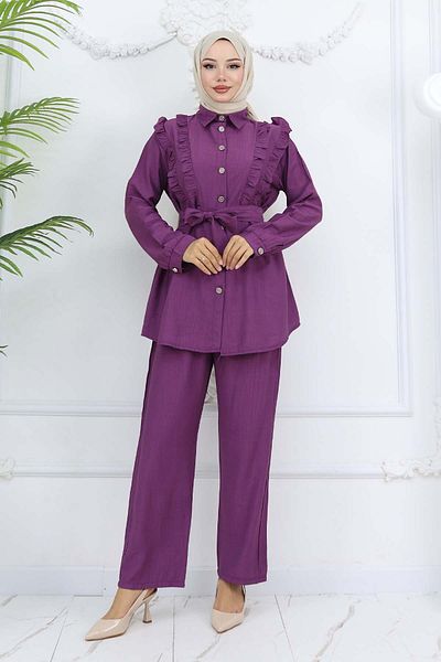 benguen Purple 4781 Detailed Belted Double Suit