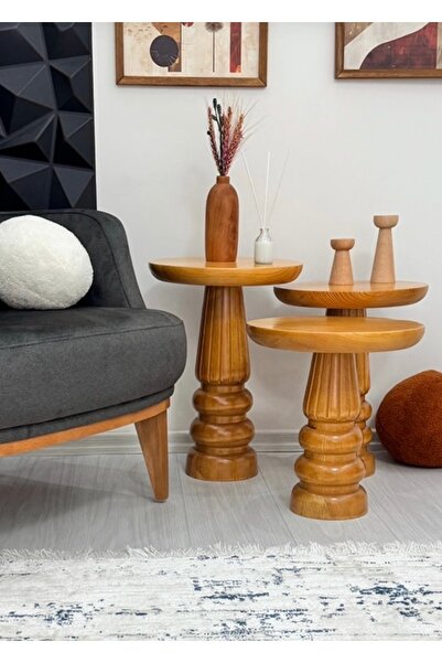 ASELYA HOME Ahşap 3’lü Set Mantar Yan Sehpa Modern Meşe Renk Fiskos Zigon Çiç...