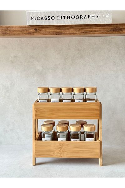 Dekorzdükkan Set of 12 Bamboo Lid Square Jars and Double Tier Bamboo Stand