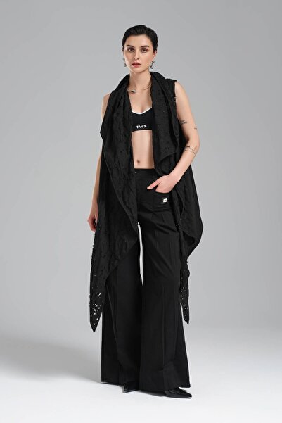 tw3 Γυναικείο γιλέκο με χοντρό λινό ύφασμα με ριπέ λεπτομέρεια και σχέδιο ove...