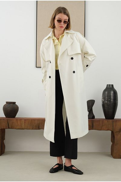 HEQA Long Classic Trench Coat - Ecru