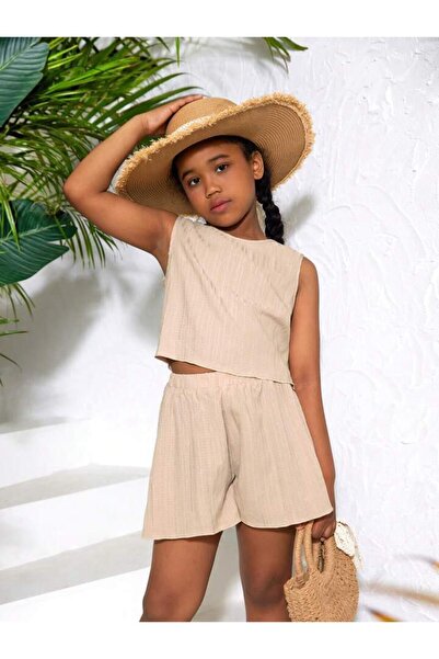 LOUİSA Lány bézs színű, csavart szövet alsó-felső készlet