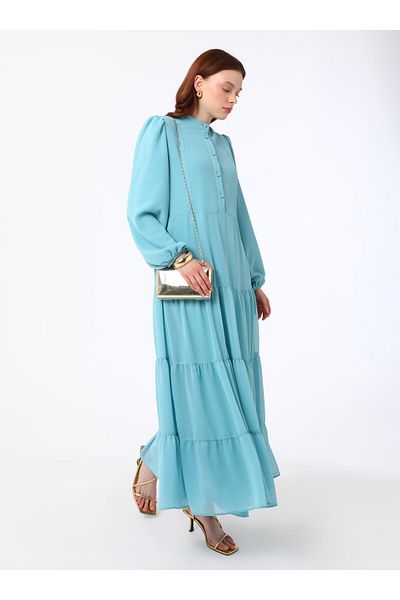 Refka Brit Buttoned Ribbed Detailed Hijab Dress - Nile Green -