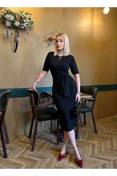 FİOXCO Roselin Black Waist Tie Midi Length Crew Neck Elegant Stretch Dress