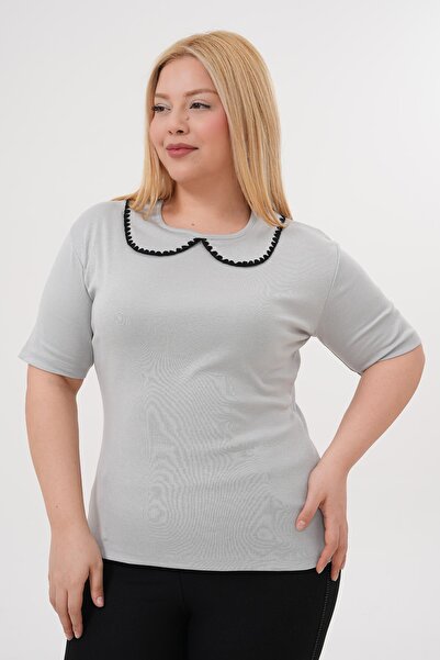 Siyezen Plus Size Baby Collar Needle Detailed Cotton Blouse