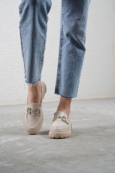 Beyond Kadın Bej Deri Gc Tokalı Kalın Taban Loafer Makosen Ayakkabı 4,5cm Byndlfrk02
