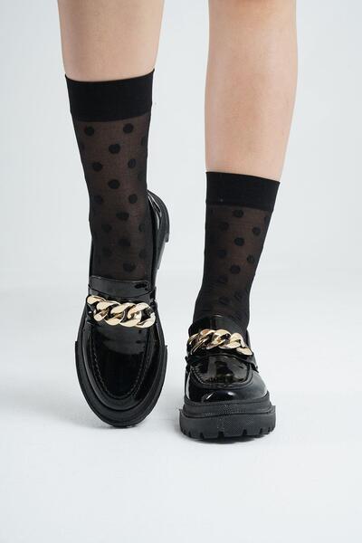 Beyond Kadın Siyah Rugan Zincirli Kalın Taban Loafer Makosen Ayakkabı 4,5cm Byndlfrk02