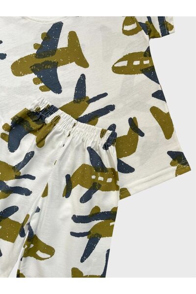 ALİŞ KİDS Set de pijamale de vară pentru băiat, din bumbac, alb, verde, cu model de avion, cu mâneci scurte