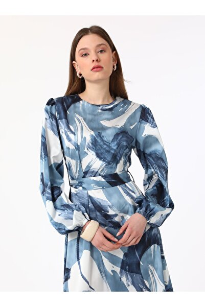 Refka Μπλε αφηρημένο σχέδιο σατέν μουσουλμανικό φόρεμα - Refka