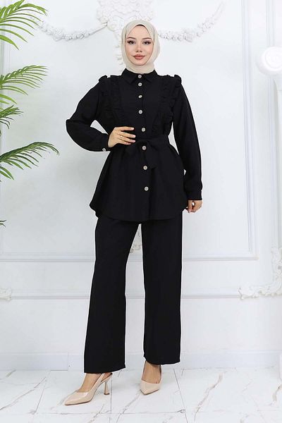 benguen Belted Double Suit - Ruffle Detail Black 4781