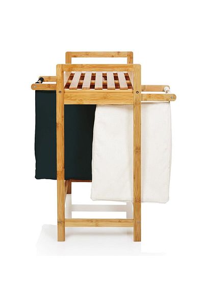 Quasar & Co. Laundry Basket, 2 Compartments And Top Shelf, Bamboo, Black/White