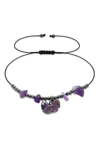 Tesbihane Macrame Braided Natural Cut Amethyst Natural Stone Anklet