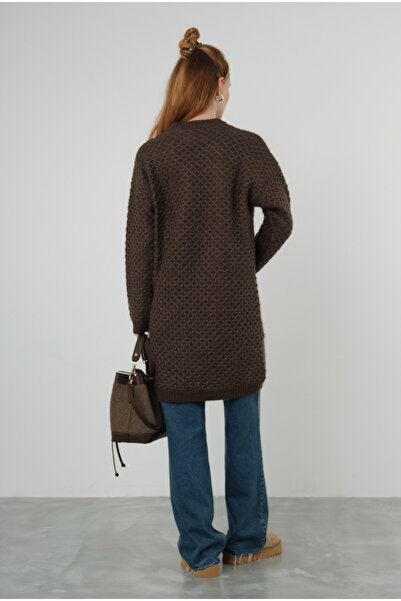 HEQA Örümcek Örgülü Kazak Uzun Acı Kahve