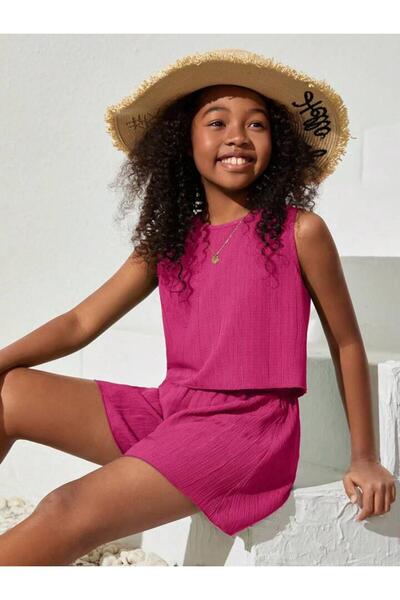 LOUİSA Lány fukszia színű, ráncos szövet alsó-felső szett
