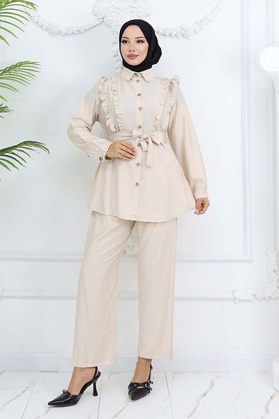 benguen Ruffle Detailed Belted Double Suit Stone Color 4781