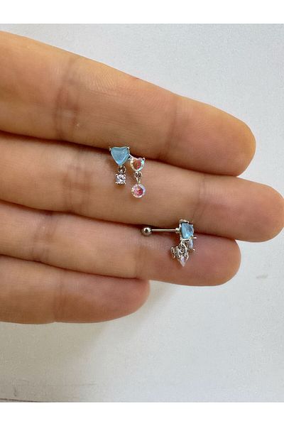 Arescollection Steel Blueheart Solitaire Dangle Helix Conch Lobe Flat Matched Piercing Earring 1Pcs
