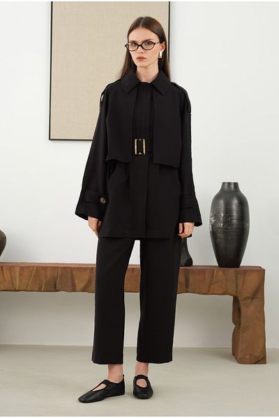 HEQA Modal Windbreaker Trench Coat Black