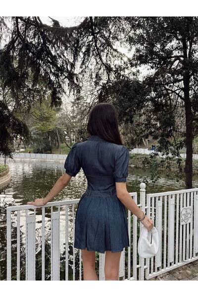 LOCH BUTİK Dámské modré skládané minišaty