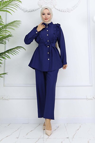 benguen Navy Blue Belted Double Suit Ruffle Tayozunca Details