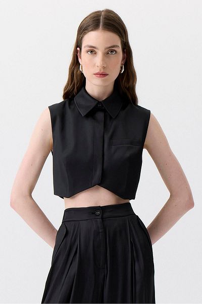 rue. Asymmetric Cut Sleeveless Black Blouse