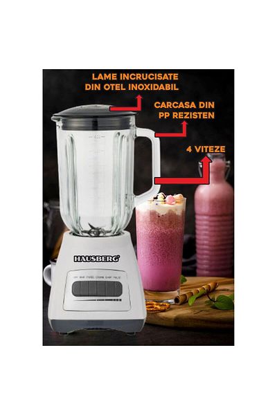 Hausberg Blender Cu Rasnita Hb-7772ab, 500w, Capacitate 1.5l, Bol Din Sticla, 4 Viteze, Lame Din Inox, Alb