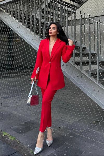 VZ BUTİK Women's Double Set Stone Detailed Pipe Leg Blazer Jacket Pants Set