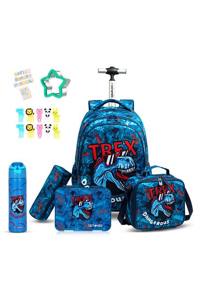 Eazy Kids مجموعة من 5 حقائب مدرسية مقاس 18 بوصة مع صندوق غداء وزجاجة مياه وحقيبة غداء وحافظة أقلام - أزرق ديناصور من TREX