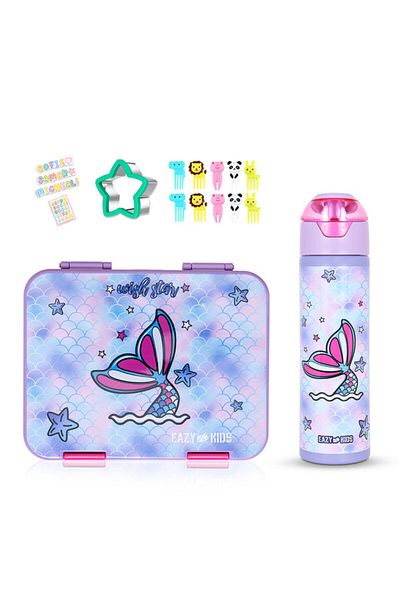Eazy Kids صندوق غداء بينتو قابل للتحويل 6 و4 مع مجموعة زجاجة ماء وقاطعة شطائر - حورية البحر أرجواني