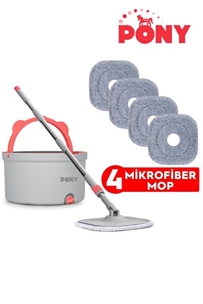 Pony GRİ 4 ADET MİKROFİBER MOP TEMİZ & KİRLİ SUYU  AYIRMA ÖZELLİĞİ OTOMATİK TEMİZLİK SETİ PASPAS