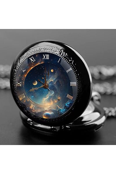 STİLLOVE Black Sky Themed Bohemian Chain Clock Necklace Sl10721