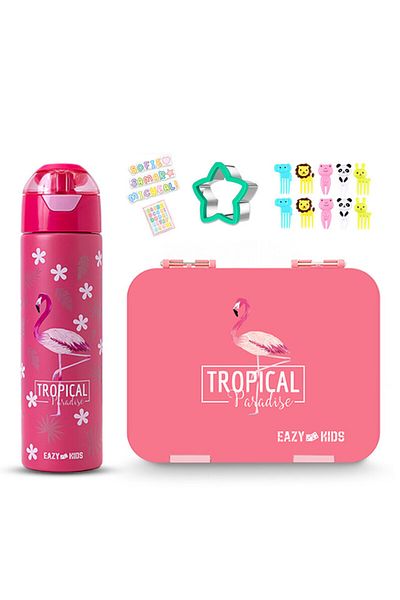 Eazy Kids صندوق غداء بينتو قابل للتحويل لـ 6 و4 أشخاص مع زجاجة مياه ومجموعة قاطعة شطائر - وردي استوائي