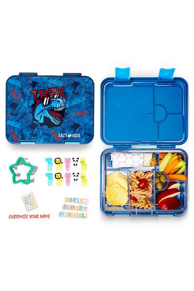 Eazy Kids صندوق غداء بينتو قابل للتحويل لـ 6 و4 أشخاص مع زجاجة مياه ومجموعة قاطعة شطائر - أزرق من تريكس
